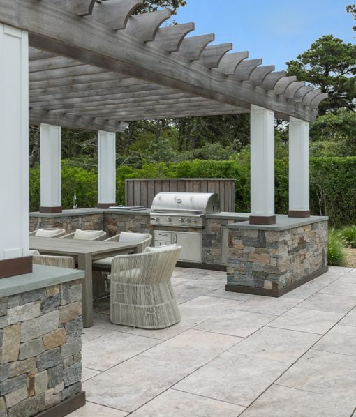 silver travertine pavers patio with pergola