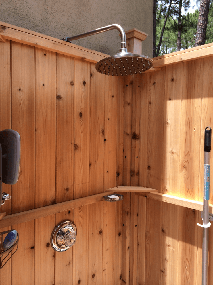 Outdoor Cedar Shower Caddy , Rustic Style Exterior Shower Storage