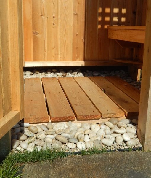 shower with beach pebbles
