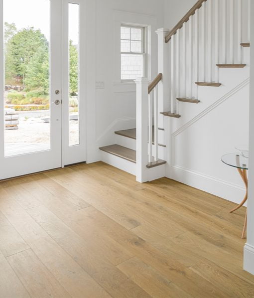 A cozy living room with a brown floor