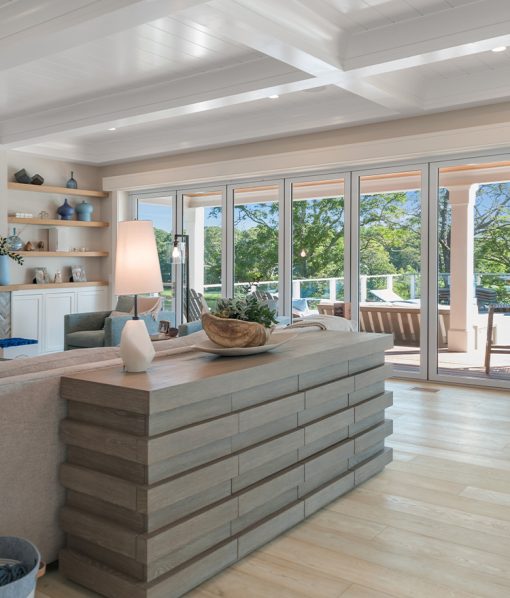 white shiplap living room ceiling