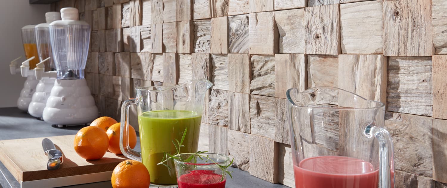 Teak Wood Wall Planks as Kitchen Backsplash