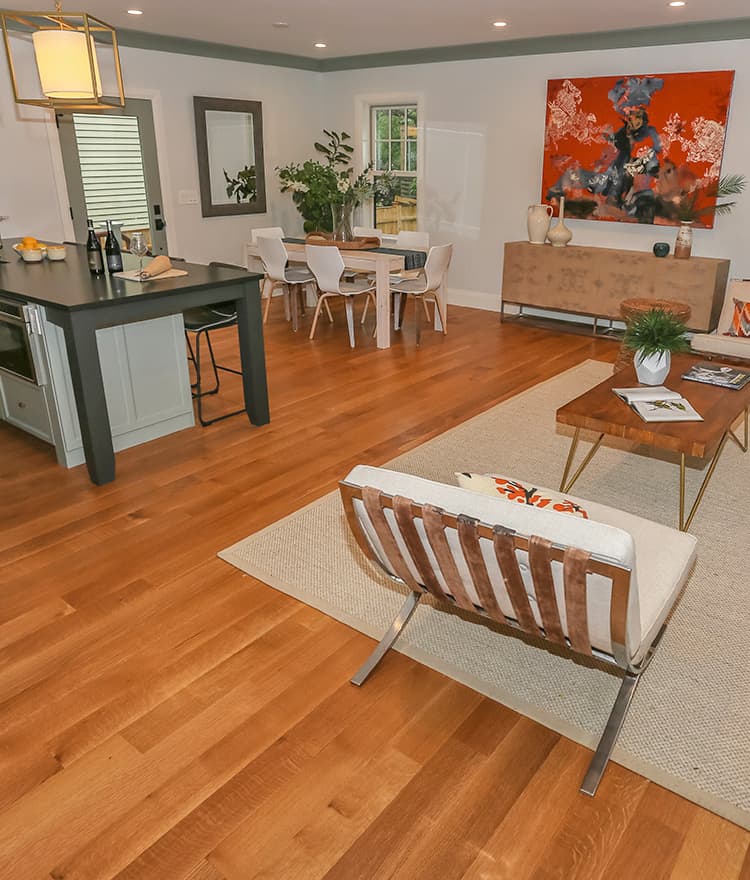 White Oak Hard Wood Flooring Open Concept Living Room