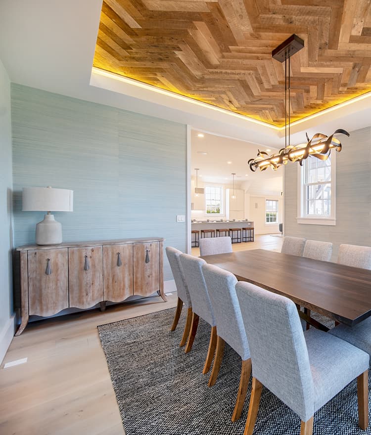 Sawyer Mason Structured Fogg Wide Plank Floors with Custom Herringbone Heavy Sawn Oak Ceiling