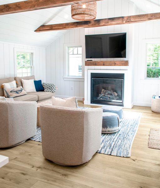 coastal living room with wood flooring