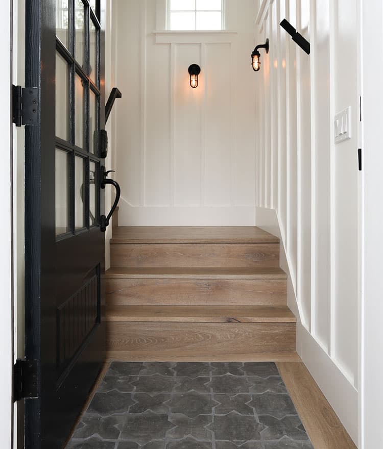 Cozy Cottage Entrance with Custom Sawyer Mason Madaket Stairs