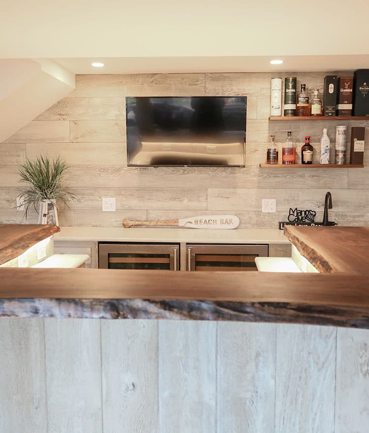 Basement Man Cave with Sawyer Mason Drift and Walnut Live Edge Slab Bar