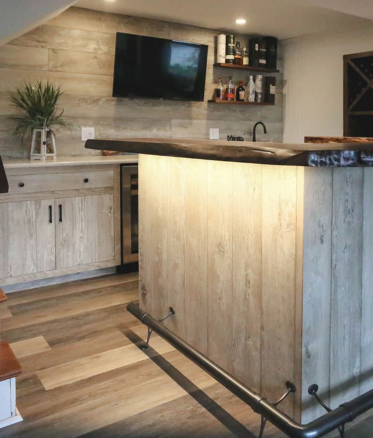 Basement Man Cave with Sawyer Mason Drift and Walnut Live Edge Slab Bar