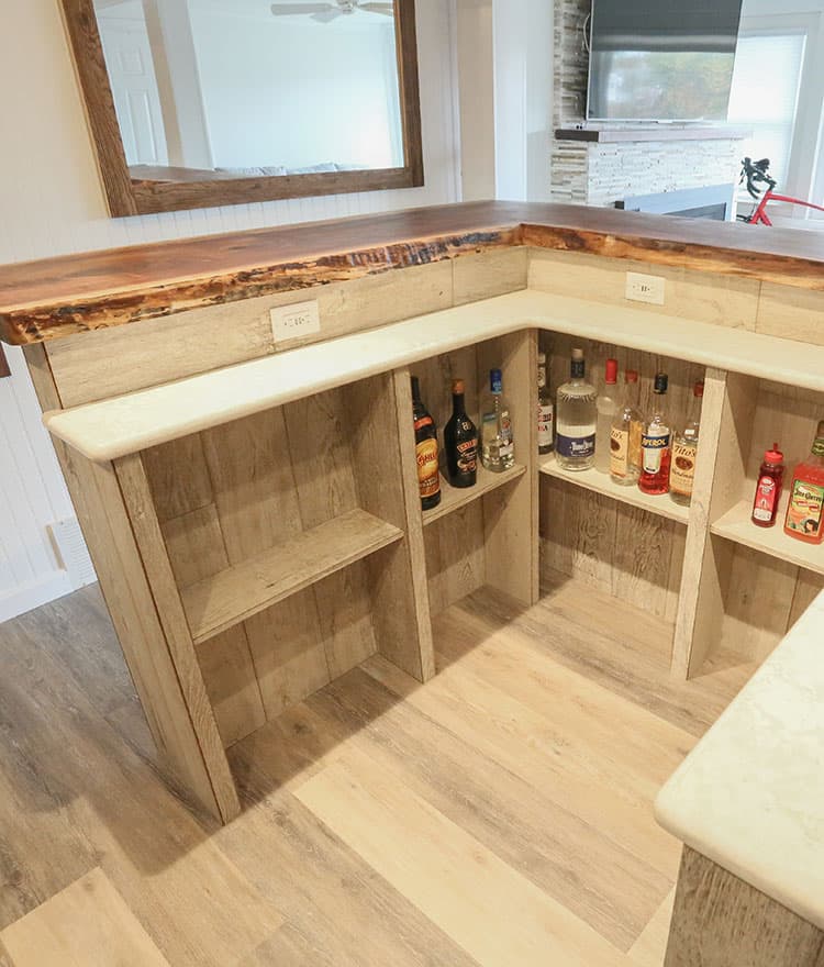 Basement Man Cave with Sawyer Mason Drift and Walnut Live Edge Slab Bar