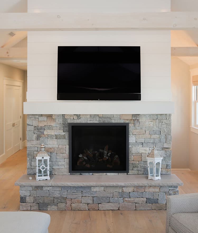Coastal Design with Sawyer Mason Sausalito and thin stone veneer fireplace