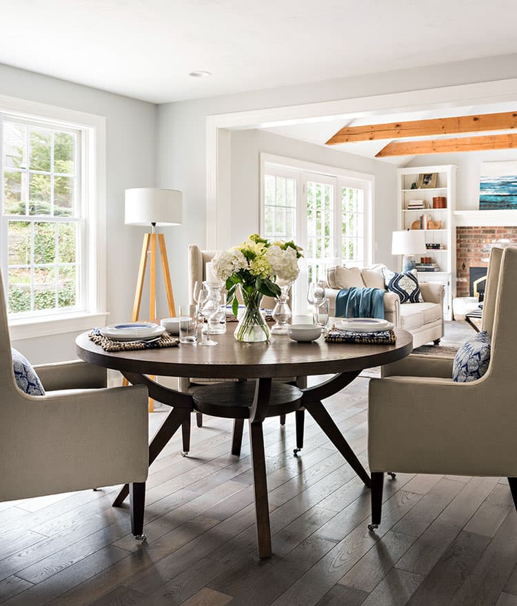 Contemporary Cottage with custom prefinished floors and reclaimed beams