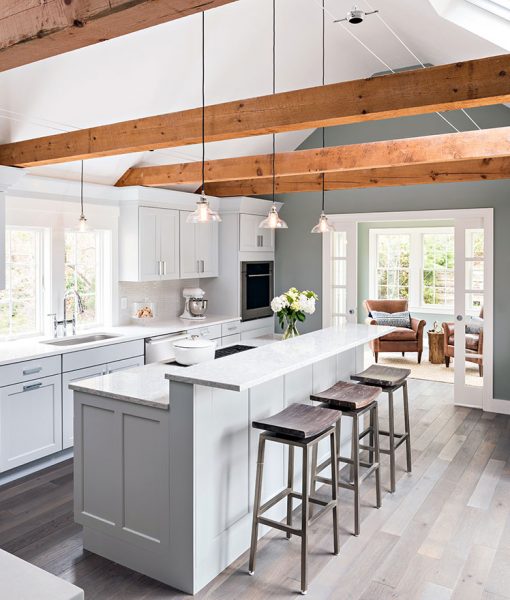 Contemporary Cottage with custom prefinished floors and reclaimed beams