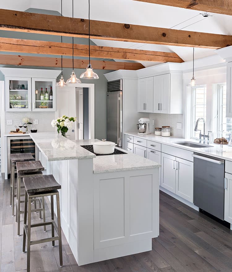 Contemporary Cottage with custom prefinished floors and reclaimed beams