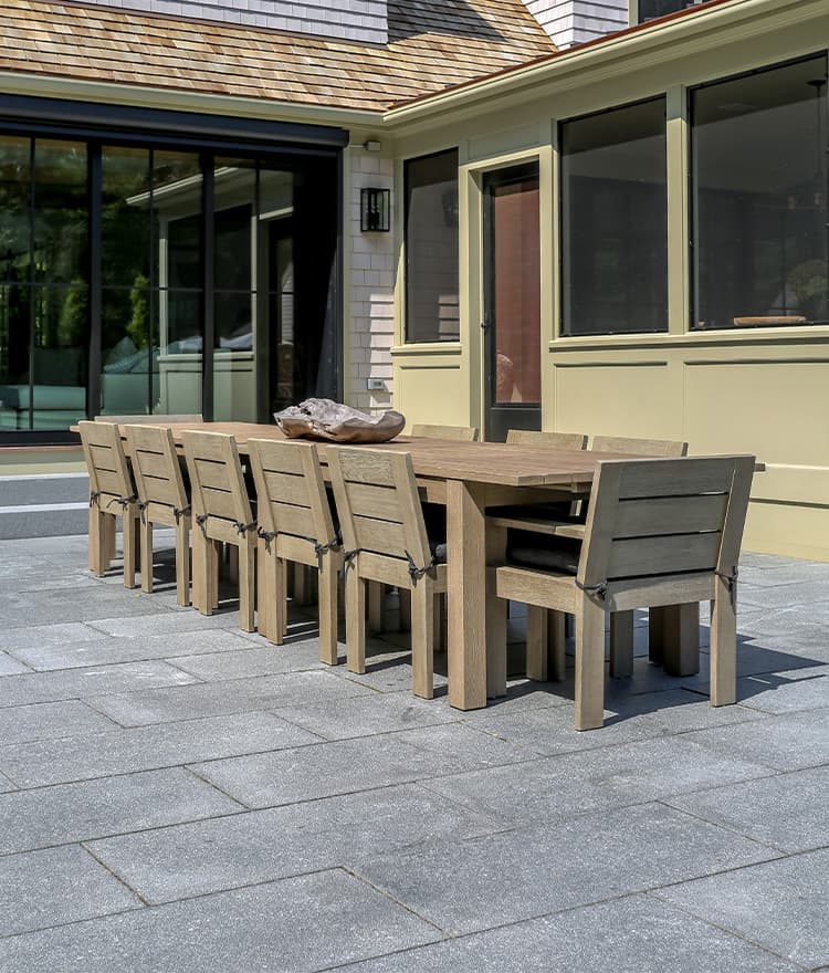 Outdoor Patio Ideas with Chatham Blue Granite Pavers, Fire Pit, Wallstone and Outdoor Kitchen