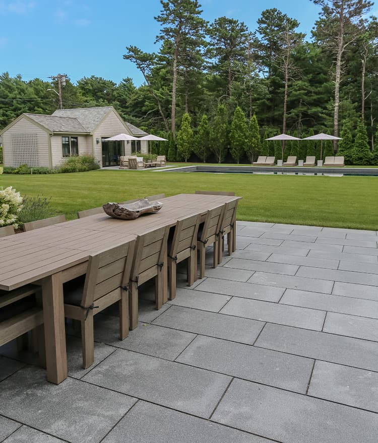 Outdoor Patio Ideas with Chatham Blue Granite Pavers, Fire Pit, Wallstone and Outdoor Kitchen