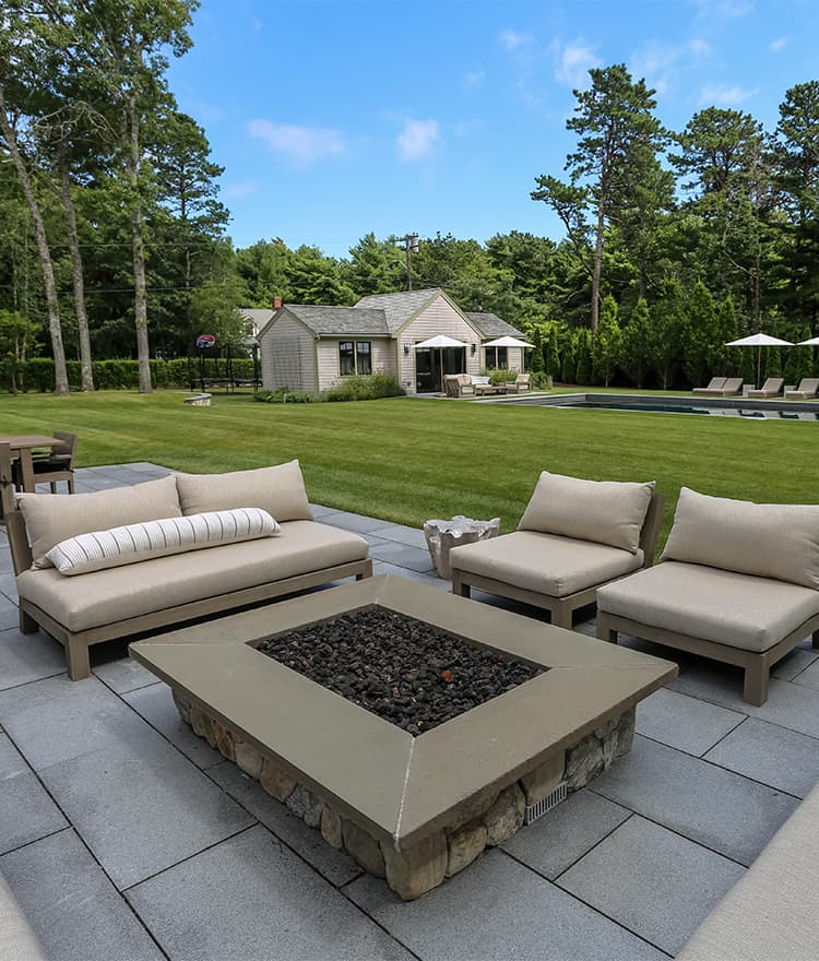 Outdoor Patio Ideas with Chatham Blue Granite Pavers, Fire Pit, Wallstone and Outdoor Kitchen