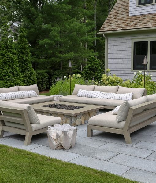 Outdoor Patio Ideas with Chatham Blue Granite Pavers, Fire Pit, Wallstone and Outdoor Kitchen