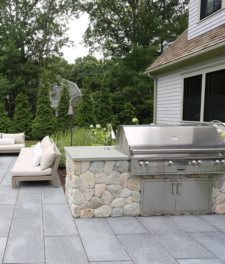 Outdoor Patio Ideas with Chatham Blue Granite Pavers, Fire Pit, Wallstone and Outdoor Kitchen