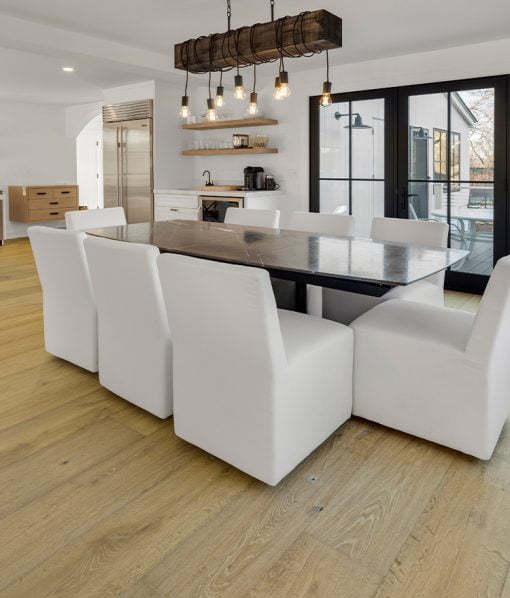 rustic wood flooring in dining room