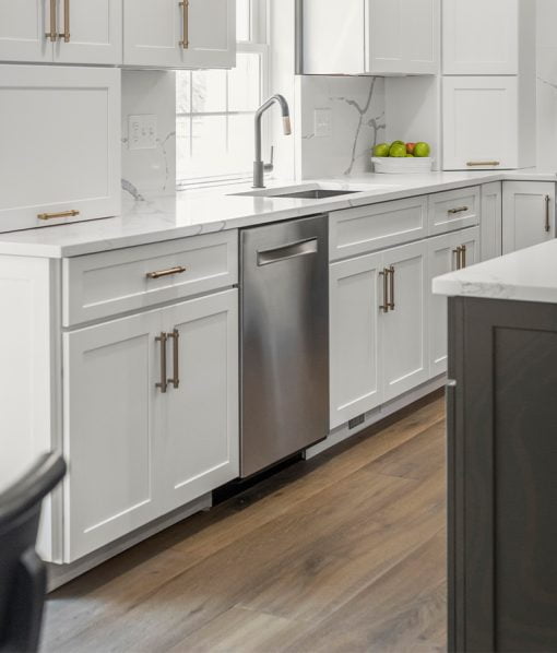modern white kitchen dark floors