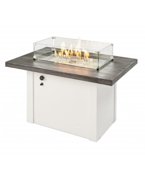 driftwood top fire table with a wind guard