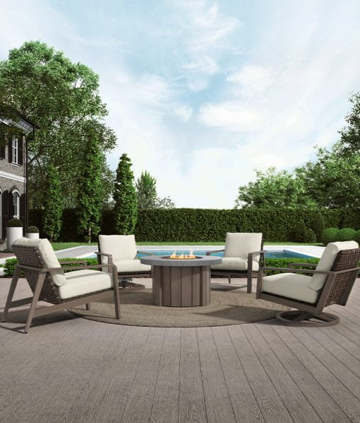 poolside round fire pit with faux concrete top