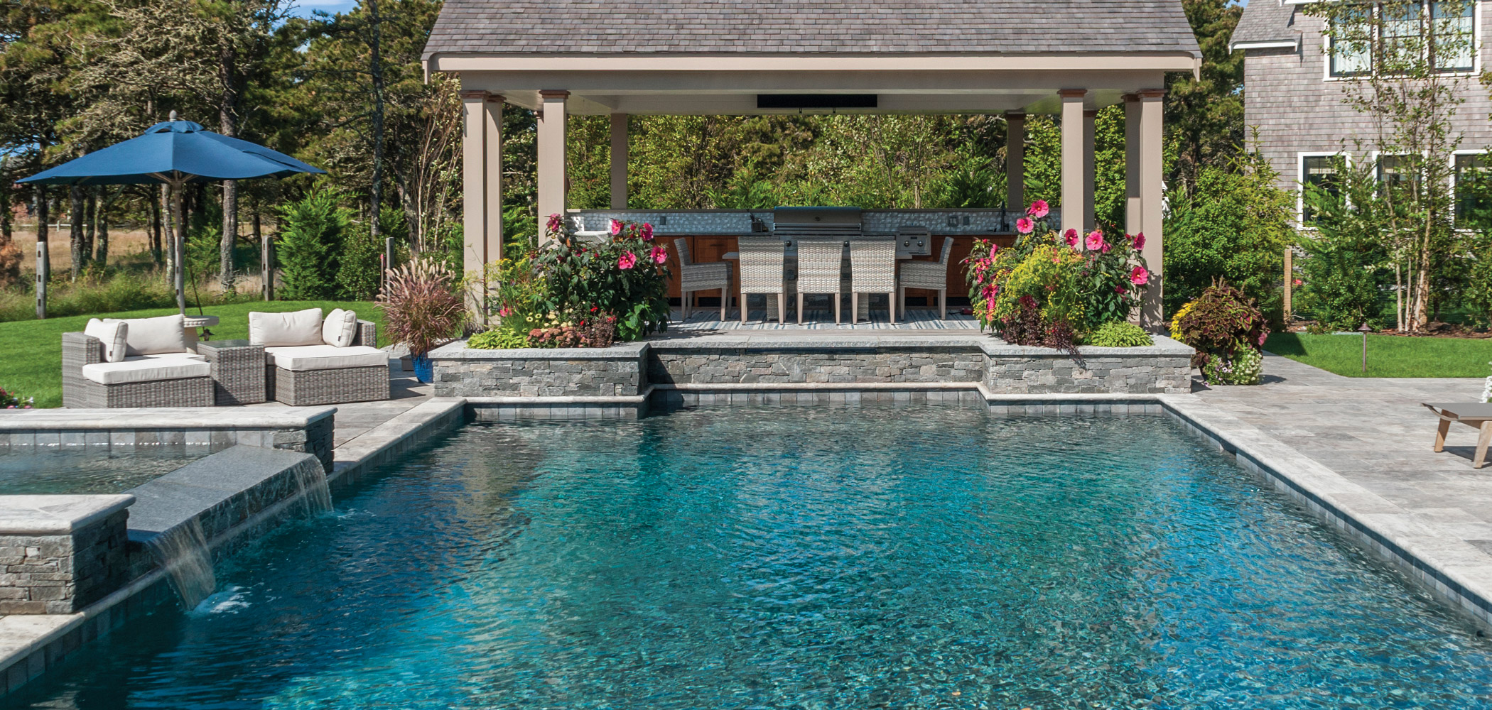 travertine pool outdoor kitchen luxury