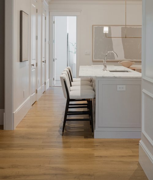 luxury back bay kitchen with brown toned natural wood floor