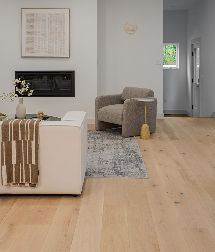 Contemporary living room with light oak flooring
