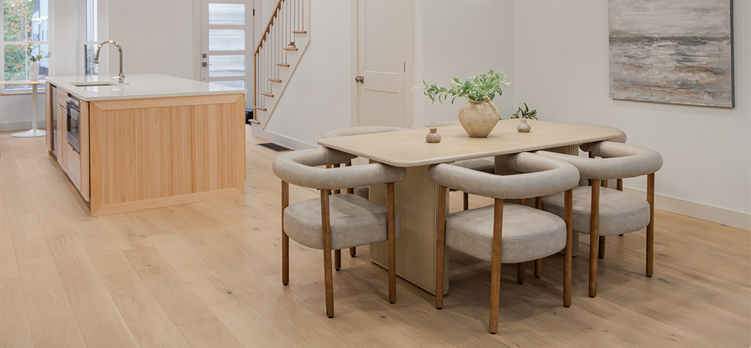 Beautiful kitchen with light colored wide plank European French Oak flooring