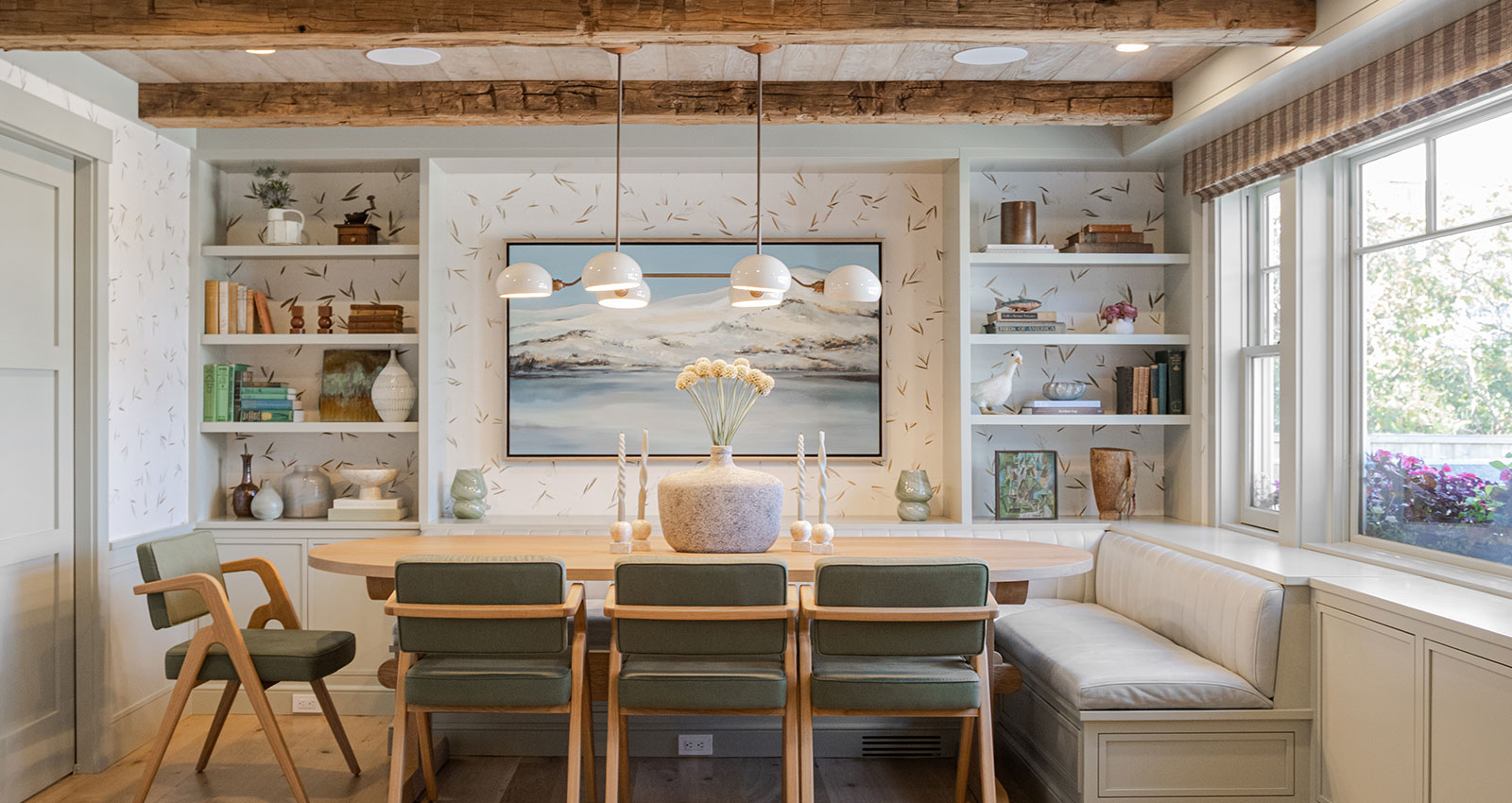 interior kitchen area with trendy design and rustic beams