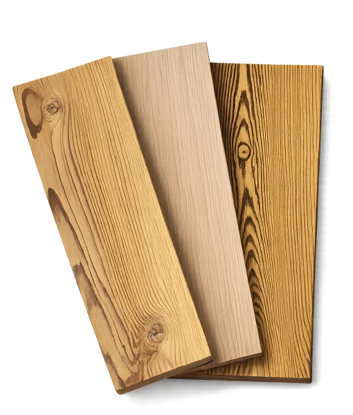 3 boards showcasing swatches of the new cured hardwood flooring collection