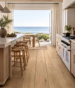 cured old growth white oak shown in home on water