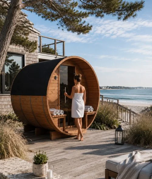 coastal home with a woman opening sauna door
