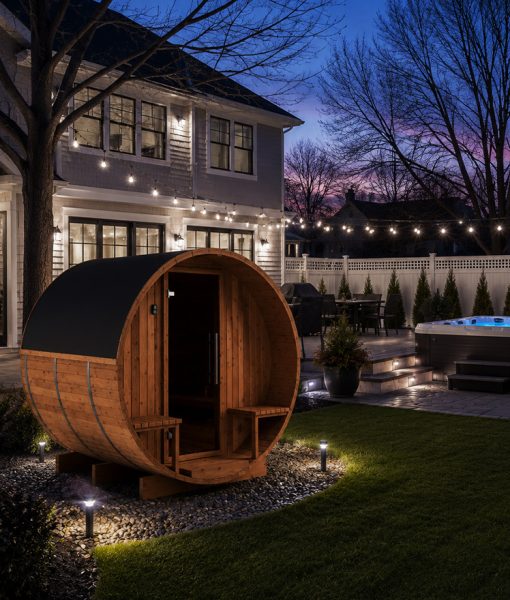 sauna in a backyard during a fall evening