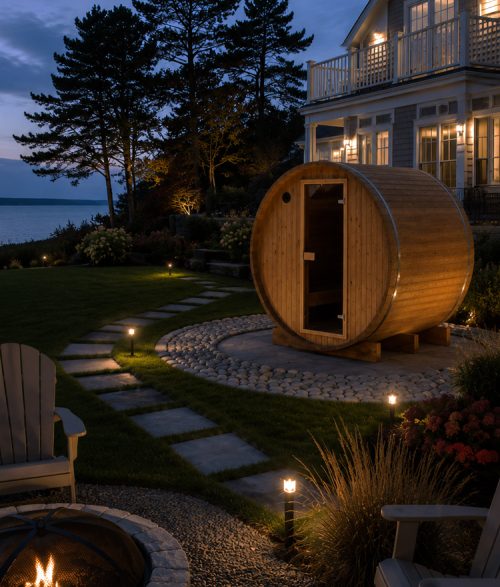 a barrel sauna in a backyard next to a firepit