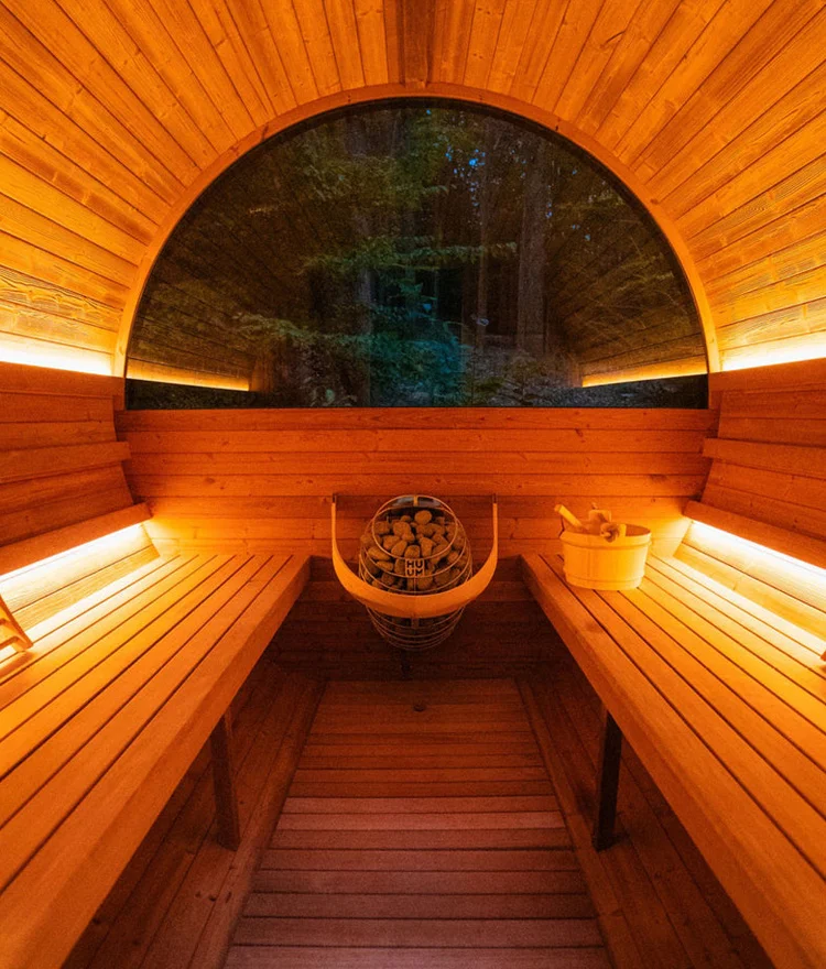 the inside of a barrel sauna