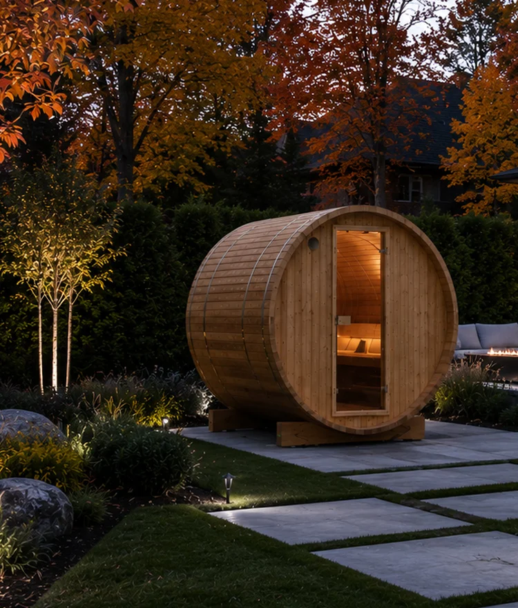 a thermory barrel sauna in a residential backyard in the fall