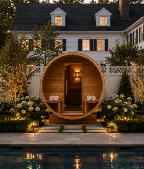 large house witha sauna placed near a pool