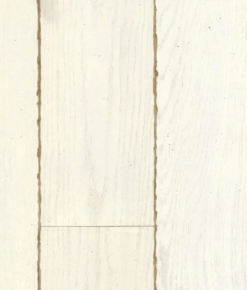 Swatch of white painted wood flooring with worn edges