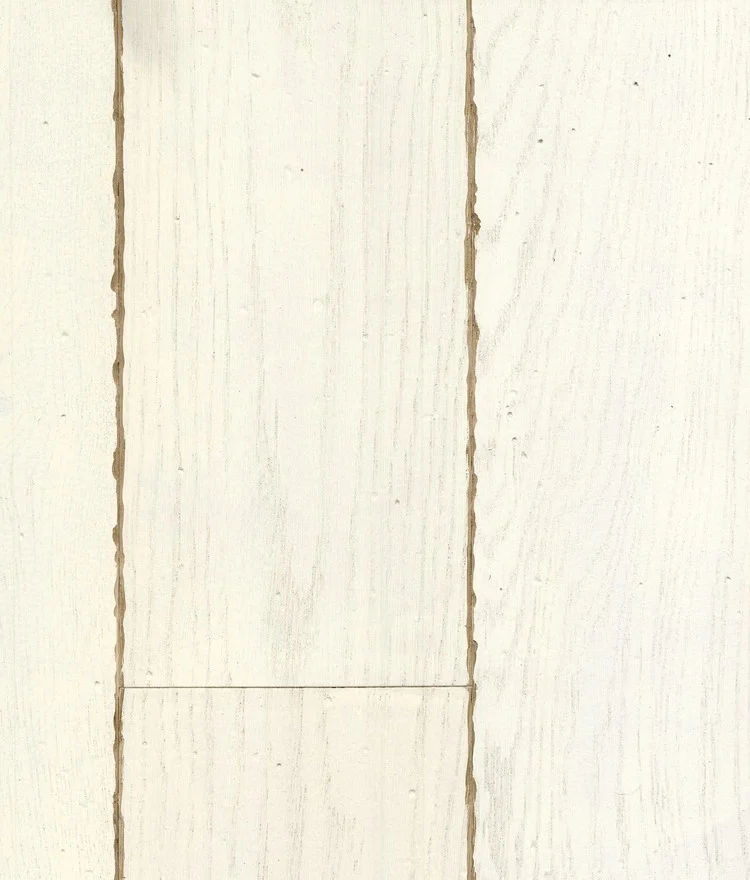 Swatch of white painted wood flooring with worn edges